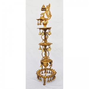 Brass metal designer & unique decorative peacock shape oil lamp with little bells