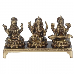 Lakshmi, Ganesha and Saraswati Statue of Brass Sitting on Chowki