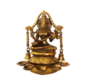 Goddess Saraswati Oil Lamp with Bells Made in Brass Metal