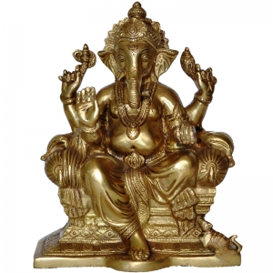 Aakrati Brass Statue of Hindu Lord Ganesha - Antique Yellow Finish Metal Sculpture - Indian Handmade Craft Idol Look Like Bronze - Unique Home Decor and Gift 