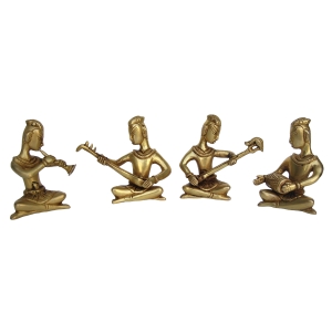 Aakrati Decorative Four Sitting Statue of Musician in Antique Finish - Brass Made Home Decor Table showpiece Metal Gift Craft