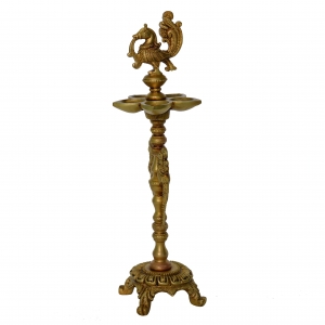 Brass Floor Oil Lamp with Bird Figure on Top with Carving