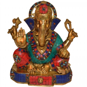 Sitting Lord Ganesh Statue with Coral Stone Work