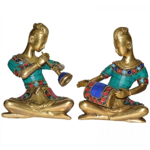 Home Decor Indian Art Brass Musician Figurine with stone work