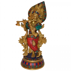 Krishna Statue Made in Brass Metal with turquoise stone finish By Aakrati