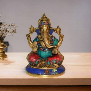 Lord Ganpati Religious Sculpture with Stone Turquoise Work for Temple by Aakrati