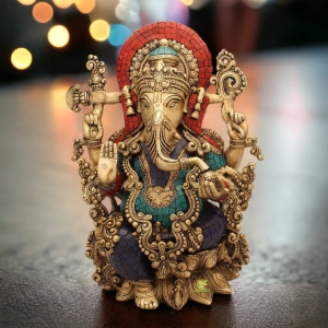 Ganesh Sculpture Turquoise Coral Stone Finish