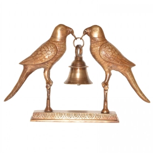 Brass Parrot Pair Holding a Bell