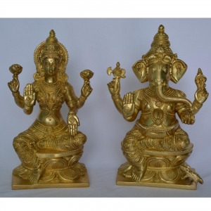 Brass Metal  Hand Carved Lakshmi and Ganesha Pair