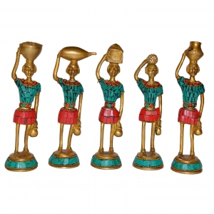 Aakrati Set of Five Red Indians Ladies Statue for Home Decor Tribal Figurine New and Unique Look Handmade in India with Turquoise Stone African Tribal Figures