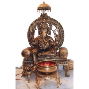 Brass Made Lord Ganesha Statue Sitting on Throne (Without Flower Pot)