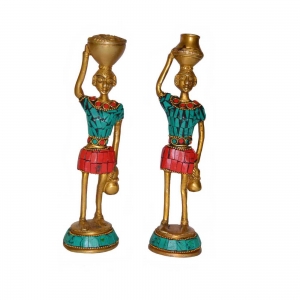 Indian art Showpiece Traditional Tribal Statue of Brass Metal with turquoise Gemstone work Decorative look and handmade Handcrafted  Figurines for Home Decor