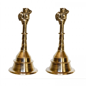 Aakrati Brass Metal Hand Bell Pair Pooja Accessory for Home Temple in Yellow Finish (Pack of Two)