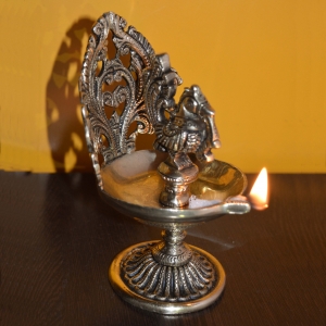 Brass Made Table Diya with Peacock Figure 