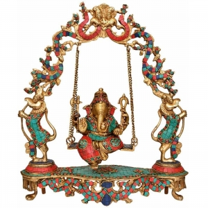 Sitting Ganesha on swing - Turquoise Work Brass Hindu Idol Pooja Ghar figure