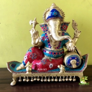 Sitting Lord Ganesha Brass Made Turquoise Work Statue