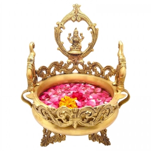 Flower pot with Goddess Lakshmi Idol gold Brass Hand Carved Urli