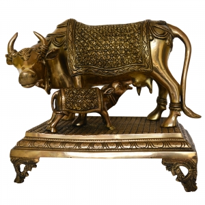 Brass Metal Nandi Cow & calf hand carved decorative Statue for temple & Decor
