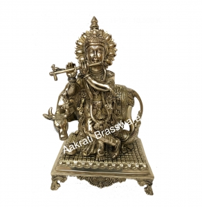 Lord Krishna with Cow hand carved brass statue