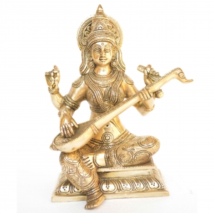Goddess Saraswati Brass Metal Hand Carved Statue - The Goddess of Art & Knowledge