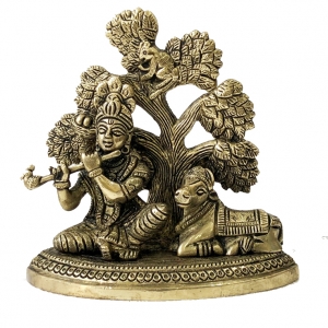 Lord Krishna Sitting under a tree playing flute with cow brass made decorative statue for gift/decor