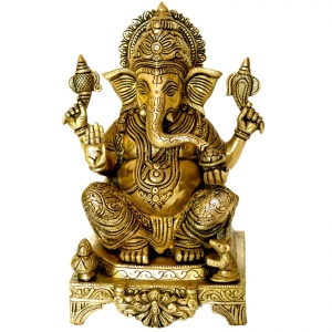 Lord Ganesha sitting on a decorated chowki brass made Pooja ghar home decor statue