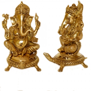 God Ganesha sitting on a decorated chowki brass made Pooja ghar home decor statue