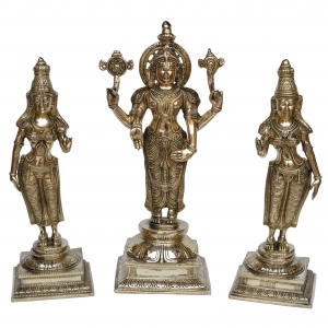 Lord Vishnu With His wife Bhumi and Laxmi Ji Brass made hand carved statue