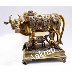 Brass Made hand carved lord's figure on cow with calf with Baby krishna decorative statue
