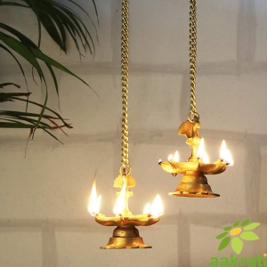 Hanging & Table Brass Diya | Oil Lamp | Home Decor | Diya, Deepak, Deepam (Peacock Diya Pair) with Chain