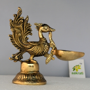Aakrati Table Diya - Peacock Oil lamp - Metal Brass Antique Finish Worship - Prayer Deepak