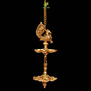 Handmade Peacock Design 4 Oil Wick double step Brass Hanging Diya, Temple Decor, Home Decor Oil Diya Lamp