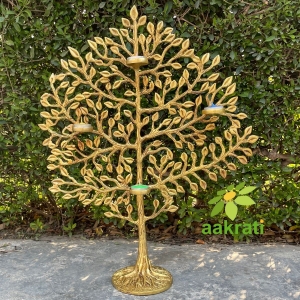 Aakrati Desirable Tree Showpiece with Tea Lights for Home Hotel Living Room Decor Made of Brass