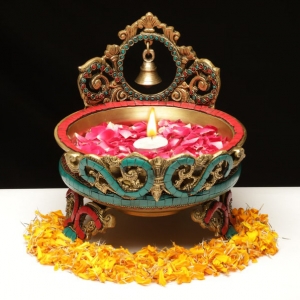 Traditional Brass Bell Urli bowl decor Intricate design Urli - Floating Flowers Candles Handcrafted Vessel for Diya stand home decorations