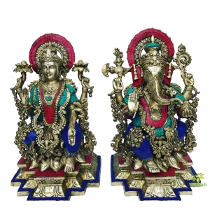 Laksmi Ganesha Statue in Dual Stone work Finish- Metal Brass Decorative god idol - Home decor & Gift