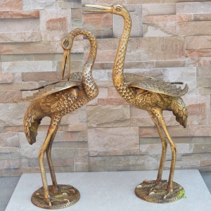 Garden Crane Statues, Brass Antique finish, Standing Metal Crane Sculptures Bird Yard Art for Outdoor Decor, Set of 2