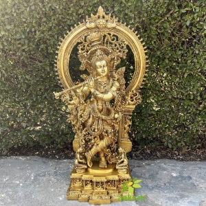 Large Krishna Statue Brass , 82 cm Big Large Size Brass Lord Krishna Idol with Arch, Religious Home office Entrance