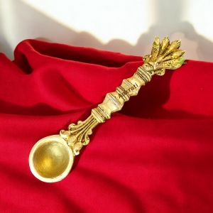 Brass Handmade Pooja Spoon | Traditional Spiritual Spoon for Home Temple and Rituals | Brass Ritual Spoon ( Yellow, 8 inch)