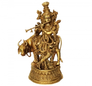 Handmade Brass Krishna Murti | Divine Idol for Elegant Home Decor & Spiritual Blessings | Brass Krishna Showpiece ( Yellow, 28 inch)