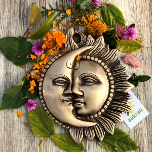 Brass Sun and Moon Face Wall Hanging | Spiritual Decorative Showpiece for Home Décor | Brass Religious Wall Hanging ( Brown , 6 inch)