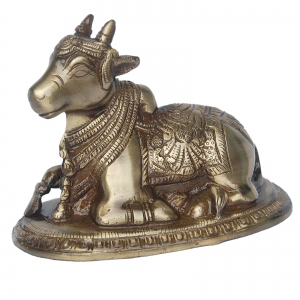Brass Nandi Sculpture | Traditional Religious Decor for Peace and Prosperity | Exquisite Brass Nandi Idol ( Brown, 5 inch)