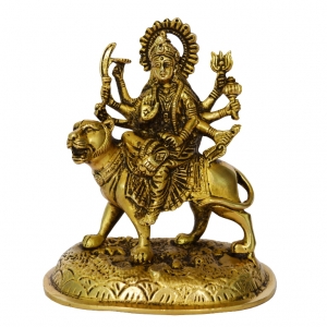 Brass Durga Murti | Idol of Power, Protection, and Prosperity | Durga Mata Brass Statue ( Yellow, 5.5 inch)