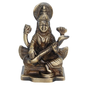 Traditional Brass Saraswati Idol | Perfect for Home Puja and Decor | Brass Goddess Saraswati Statue ( Brown, 3.9 inch)