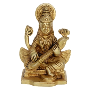Premium Brass Saraswati Statue | Divine Symbol of Art, Music, and Learning | Handcrafted Brass Saraswati Murti ( Yellow, 3.9 inch)
