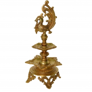 Aakrati Brass Decorative Showpiece Oil Lamp with Peacock - Table Diya Stand - Indian Religious Metal Craft for Gift and Decor