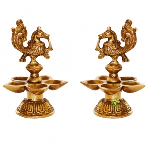 Aakrati Brass Peacock Oil Lamp Pair of Five Wicks for Decor and Worship Decorative Bird Metal Lamp (Pack of 2)