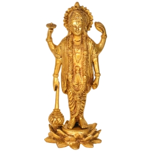 Figurine Of Lord Vishnu Made in Brass Handmade Religious Product With Flower Base For Pooja And Home Decoration