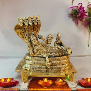 Vishnu Laxmi Sitting On Sheshnag - Lord Narayan rest in Vainkunt Dham metal idol 4.5 inch