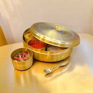 Luxury Brass Masala Box |  Functional & Elegant Spice Storage Box for Kitchen |  Brass Masala Daani 9 inch