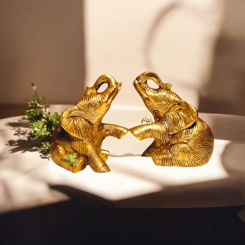 A Pair of Brass Elephant Statues Made By Aakrati| Collectable Figurine| Showpieces| Decorative Items (Yellow, Height 3.8inch)
